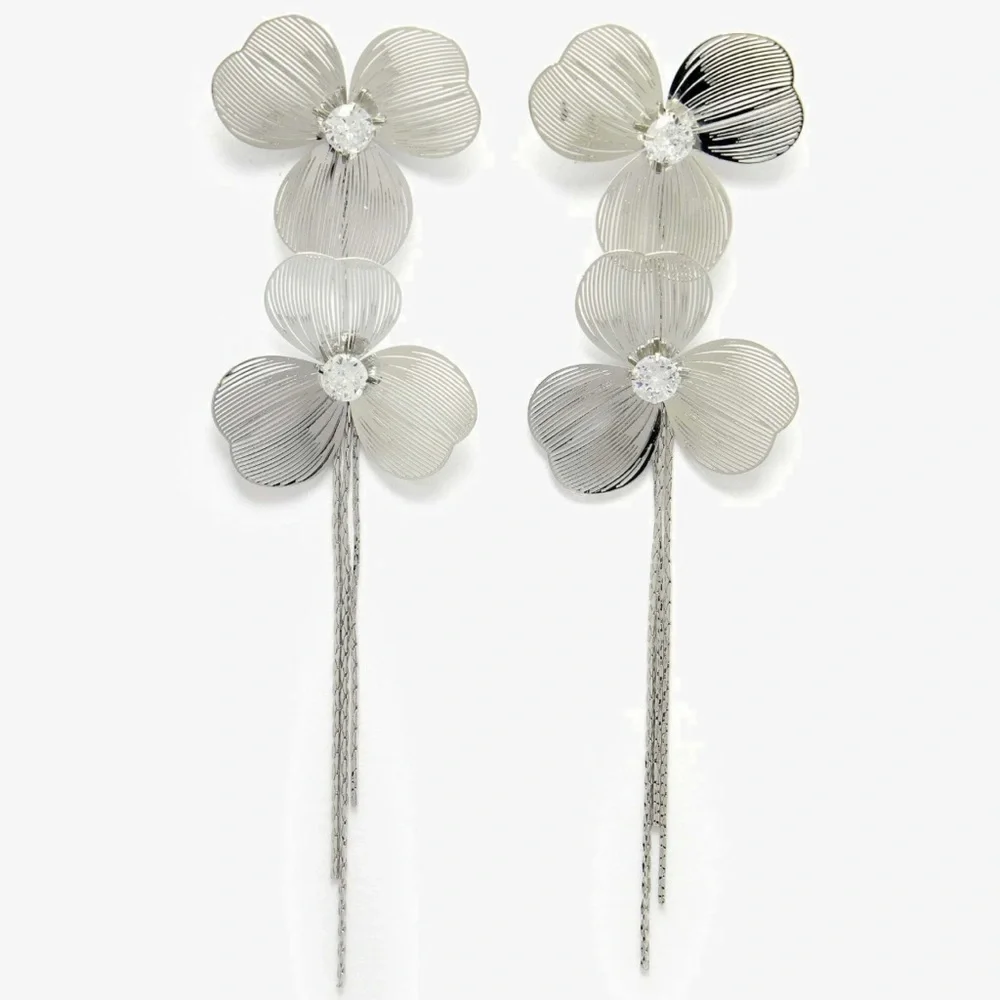 Cascading Silver Tassel‎ & Crystal Rhinestone Dangle Statement Pierced Earrings